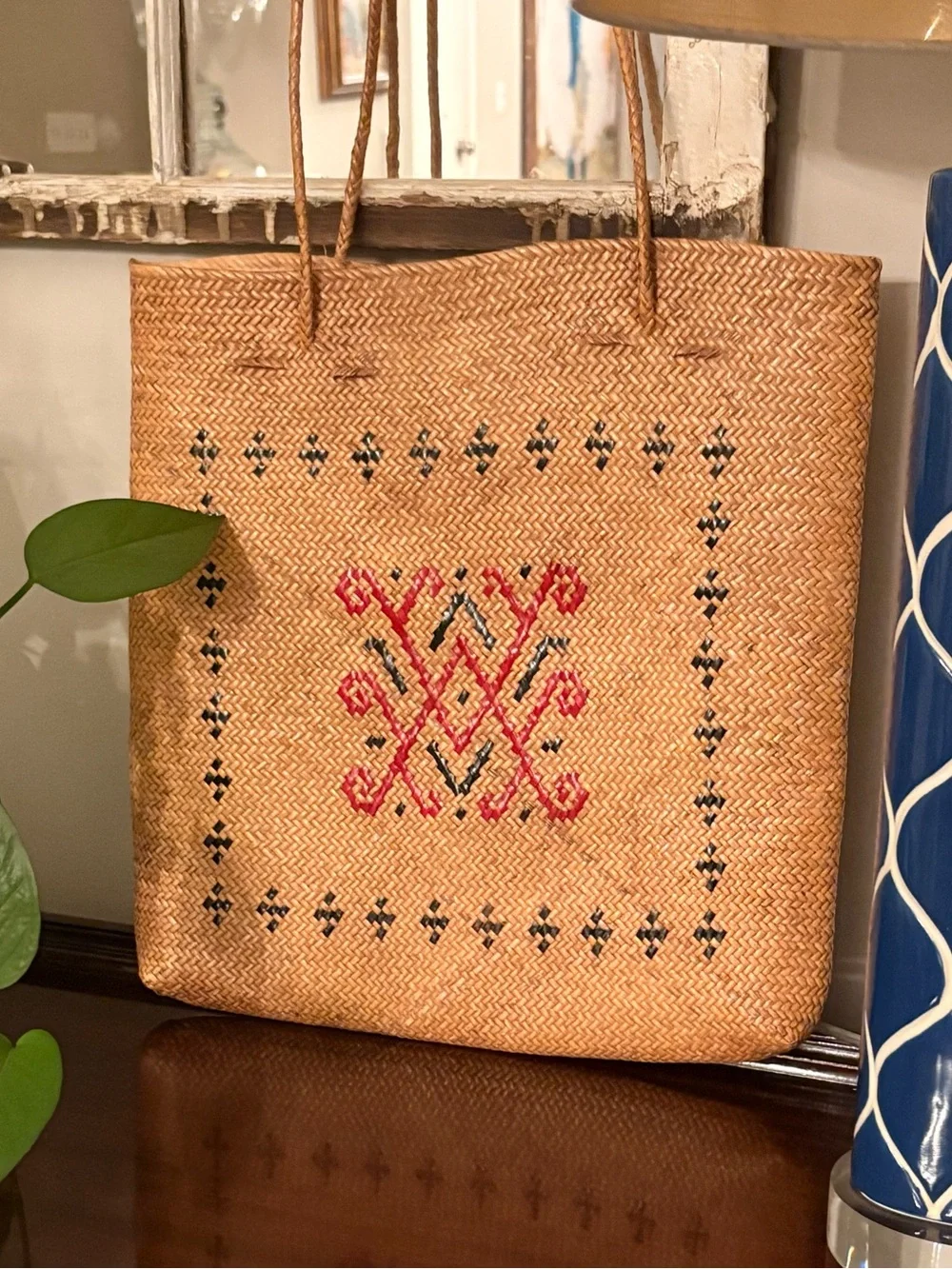 Vintage Woven Straw Shoulder Bag: Red & Black Geometric Design